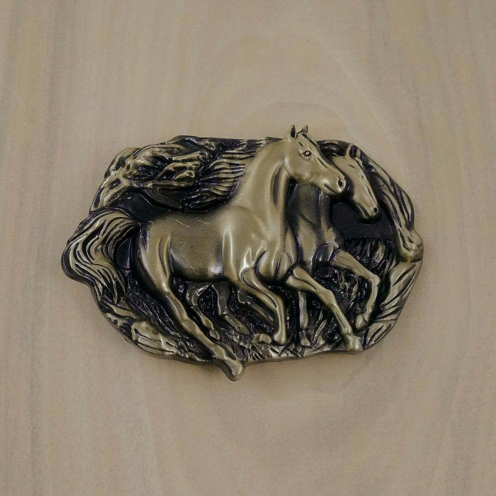 BRONZE TWO HORSES METAL BELT BUCKLE COWBOY & WESTERN ANIMAL HEBILLA #124