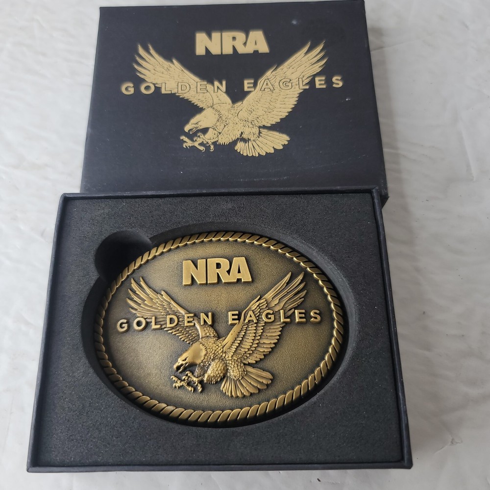 NRA Golden Eagles Belt Buckle New In Box Bronze Tone Appx 2.5 x 3.25&Prime;