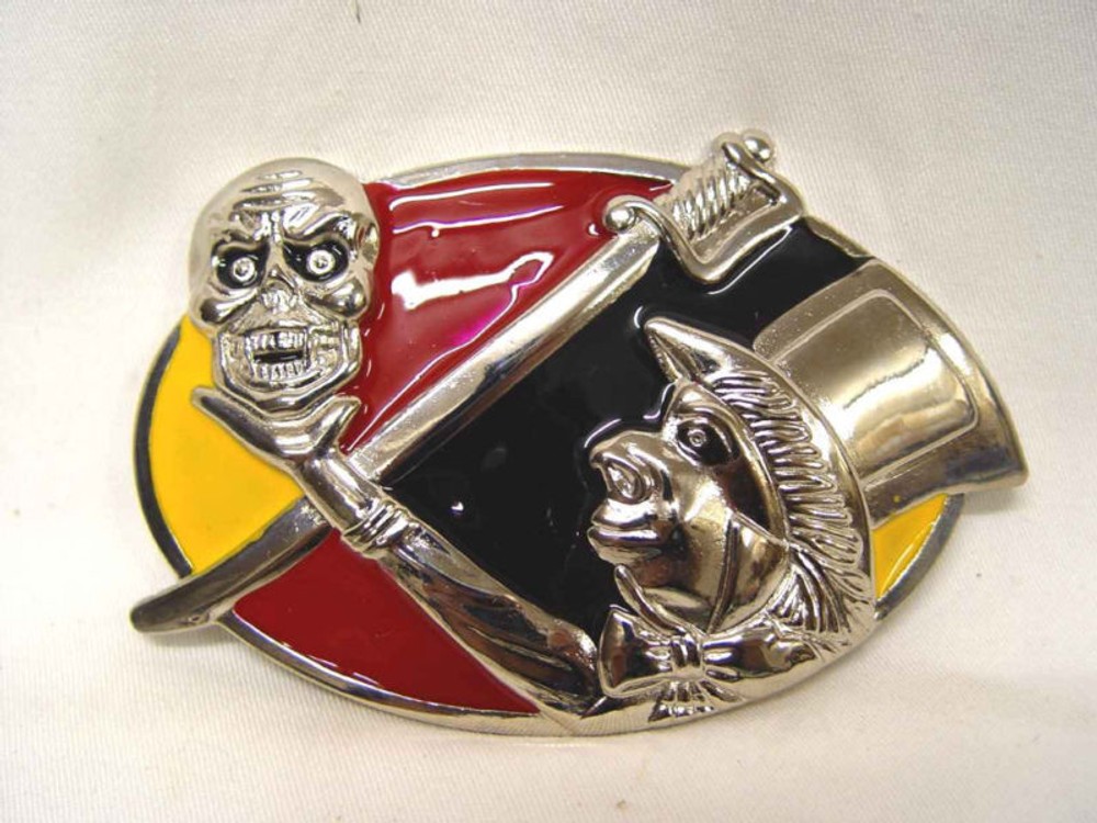 Gürtelschnalle Metall Totenkopf mit Schwerte, emailliert, #04