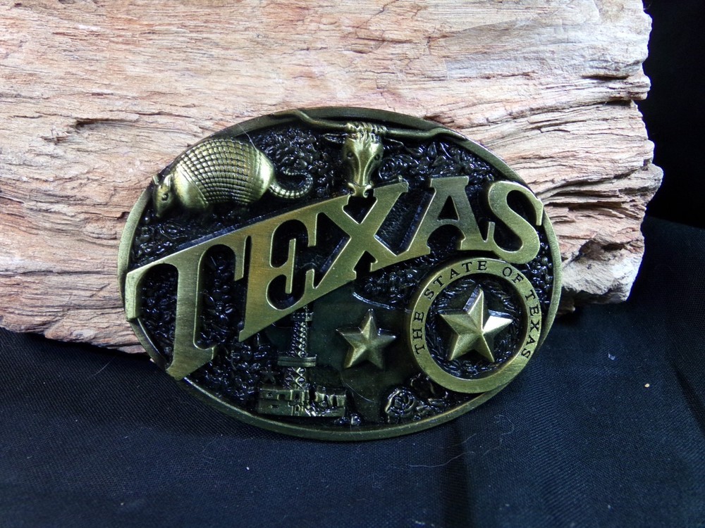 Texas Belt Buckle, has Armadillo, Oil Rig, Longhorn Steer, State of Texas, Star