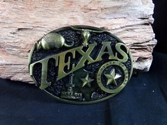 Texas Belt Buckle, has Armadillo, Oil Rig, Longhorn Steer, State of Texas, Star