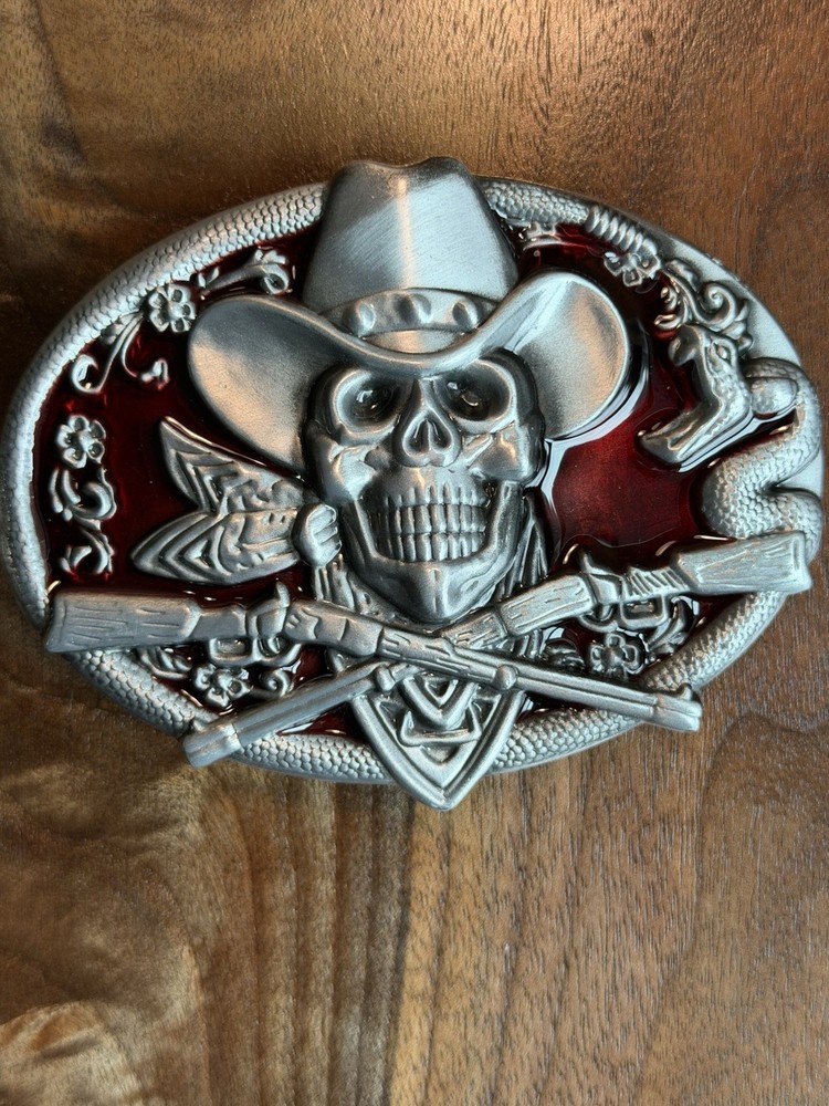 NEW RED WESTERN COWBOY SKULL GUN BELT BUCKLE RIFLES
