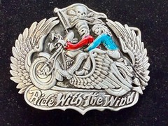 Ride With The Wind Wings Skull Flag Motorcycle Bikers Riders Cutout Belt Buckle