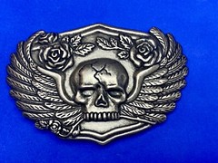 Skull With Wings Bones And Flowers Silver Color Metal Cutout Belt Buckle