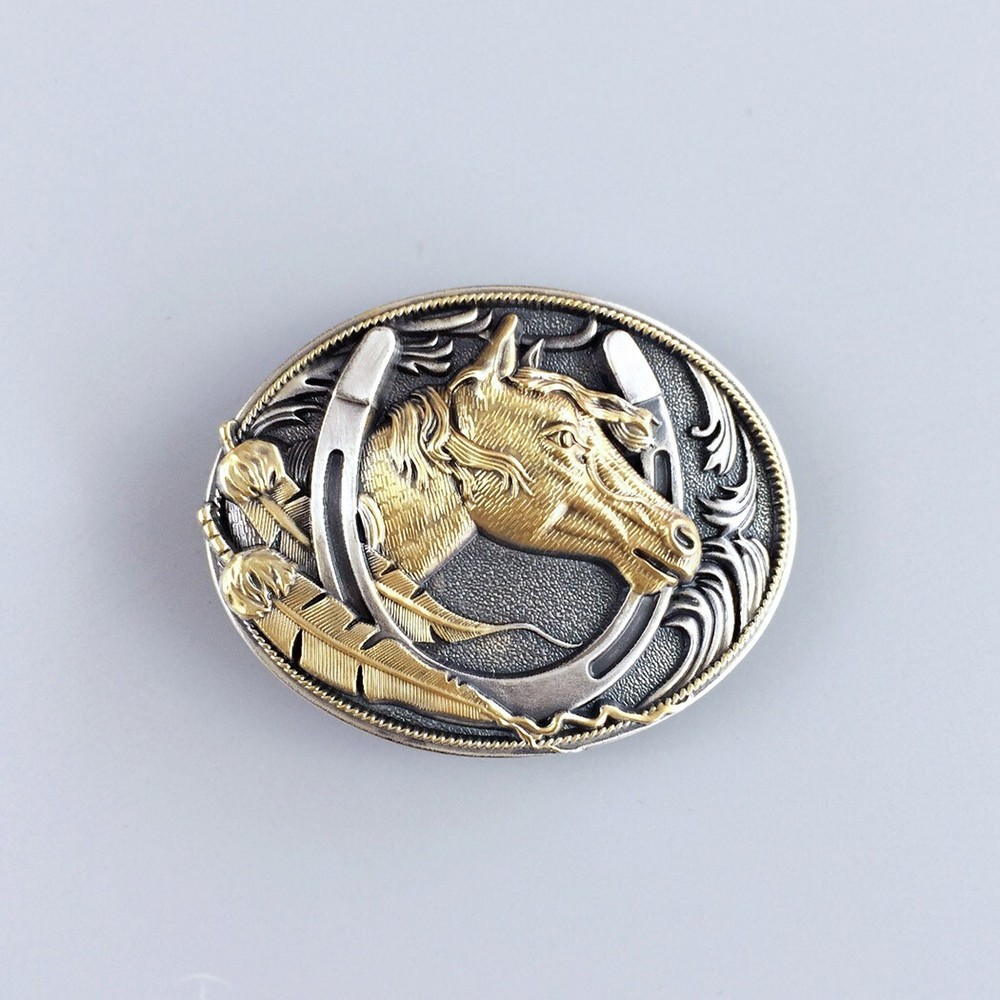 Vintage Style Two-Tone Silver Gold Plated Horse HorseShoe Oval Belt Buckle