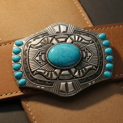 Men Women Silver Metal Buckle Western Cowboy Rodeo Fashion Turquoise Blue Beads