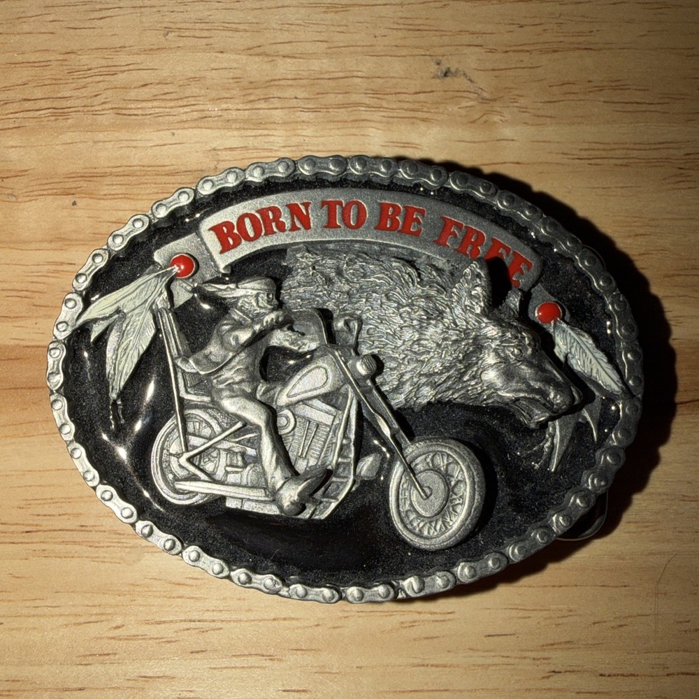 Belt Buckle « Born To Be Free » Motorcycle Size 90mmx85mm Suits 4cm Belt