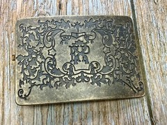 Letter EXP Monogram Scroll Ornate Pattern Silver Tone Rectangular Belt Buckle