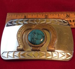Double Horseshoe Large Blue Stone Silver And Gold Tone Belt Buckle