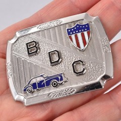 Vintage DECO Etched Enamel 40s CAR American Flag Shield BELT BUCKLE Hook Fast