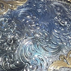 Vintage Montana Silversmiths Sterling Silver Plate Belt Buckle W/Rubies & Gold