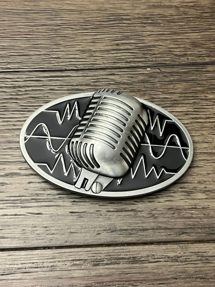 Microphone Oval Belt Buckle Mens Silver Black Vintage Style Music Accessory