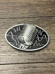 Microphone Oval Belt Buckle Mens Silver Black Vintage Style Music Accessory