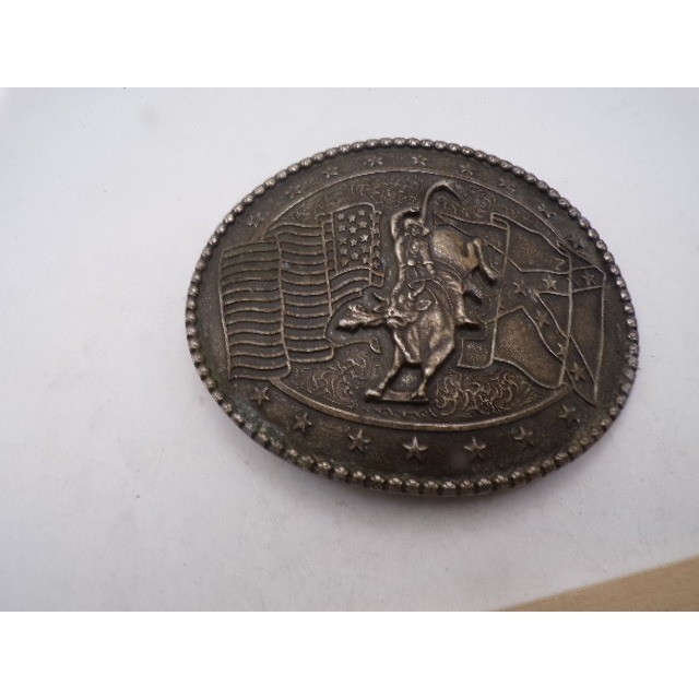 Vintage Western Bull Rider Belt Buckle Antiqued Silver Tone American Flag Oval