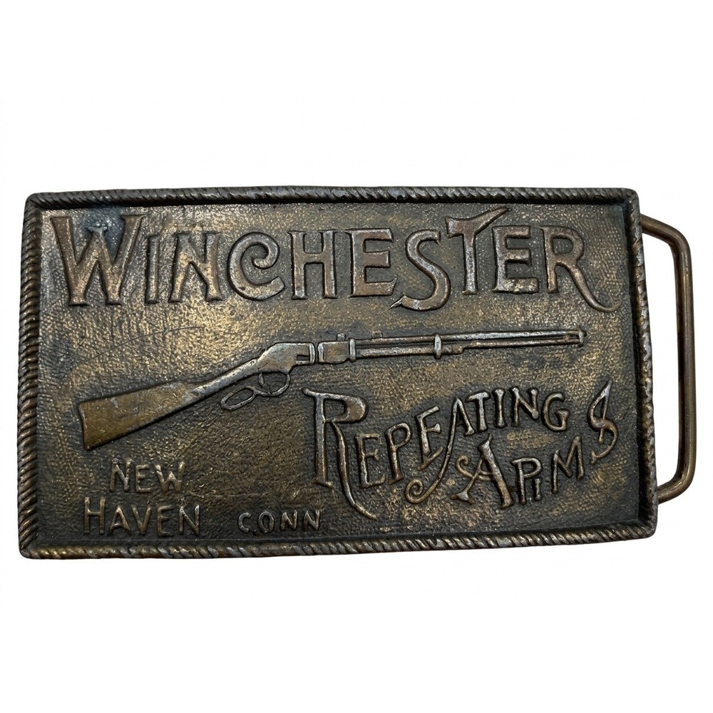Vtg Winchester Repeating Arms Belt Buckle Brass Tone Rifle New Haven Conn 1980s