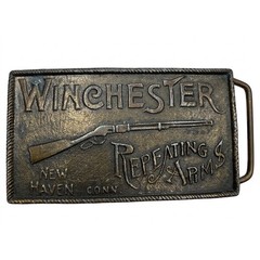 Vtg Winchester Repeating Arms Belt Buckle Brass Tone Rifle New Haven Conn 1980s