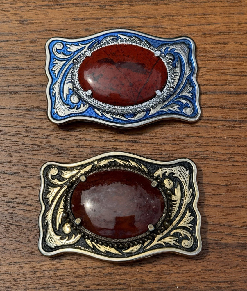 Men’s Western Belt Buckle Lot 2 Blue Silver Floral Red Stone Rectangular 1.5&Prime;