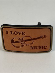 I Love Music Belt Buckle Leather And Metal, Country, Violin Fiddle, VGC