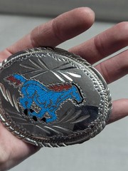vintage USA made HANDCRAFTED belt buckle HORSE bronco TURQUOISE inlay WESTERN