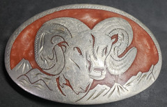 Silver Toned Metal Big Horned Sheep Ram Western Belt Buckle Rodeo Signed Gift