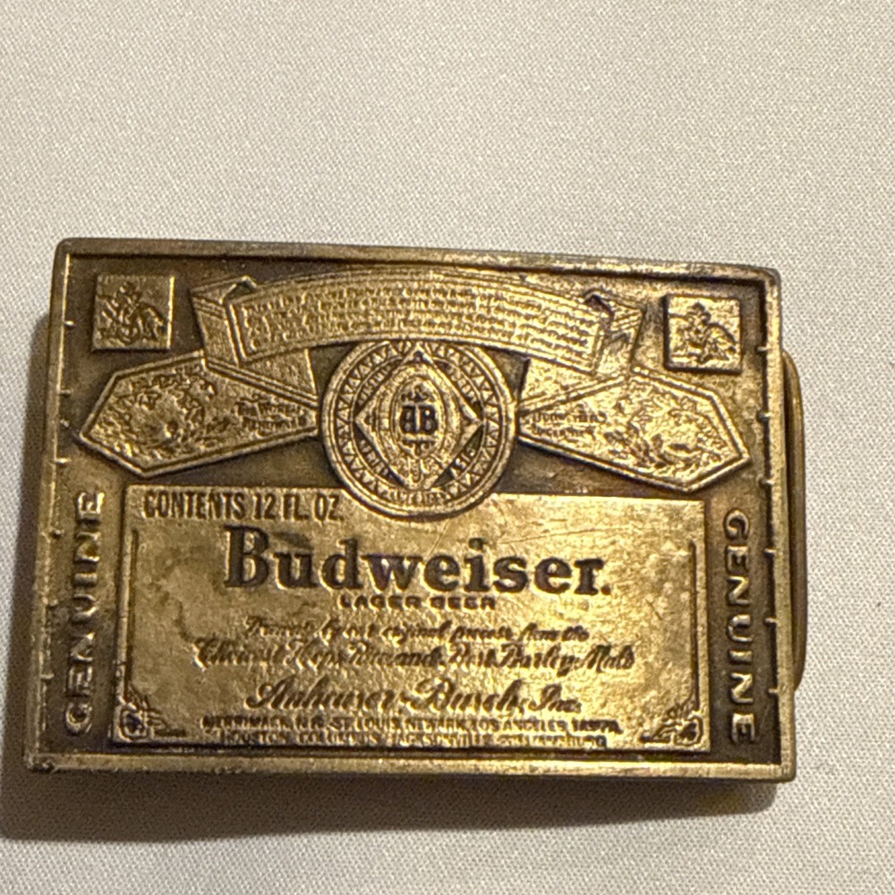 Vintage Budweiser Belt Buckle Copper Tone Anheuser Bush 3 3/8&Prime; x 2 3/8&Prime;