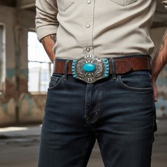 New Men Women Dark Silver Metal Belt Buckle Western Fashion Turquoise Blue Beads