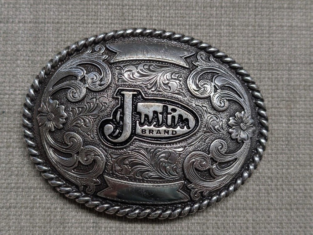 vintage JUSTIN belt buckle WESTERN engraved metal COWBOY rodeo