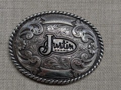vintage JUSTIN belt buckle WESTERN engraved metal COWBOY rodeo