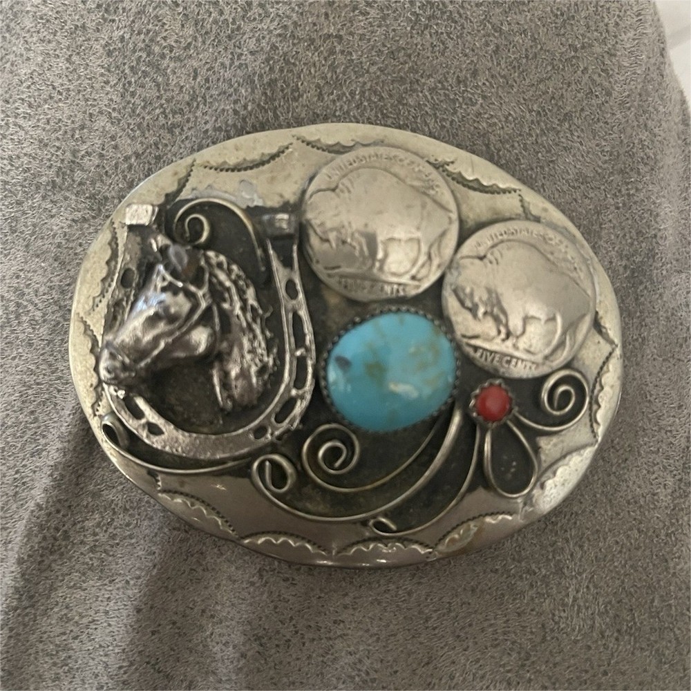Western Engraved Silver-Tone Plate Belt Buckle Horse Head Blue Stone Red Accent