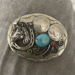 Western Engraved Silver-Tone Plate Belt Buckle Horse Head Blue Stone Red Accent