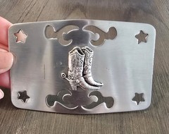 Vintage Silver Tone Cowboy Boots Spurs Belt Buckle With Cutout Pattern & Stars