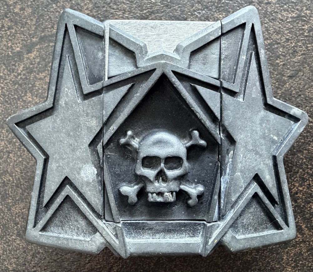 HEAVY METAL BELT BUCKLE LIGHTER SKULL CROSSBONES STARS BOTTLE OPENER VTG ROCK