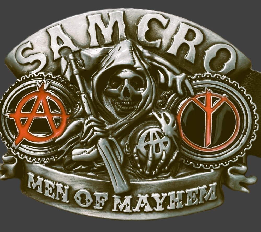 SAMCRO SONS OF ANARCHY 4&Prime; X 3&Prime; MEN OF MAYHEM / COLLECTIBLE SOA BIKER BELT BUCKLE