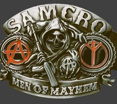 SAMCRO SONS OF ANARCHY 4&Prime; X 3&Prime; MEN OF MAYHEM / COLLECTIBLE SOA BIKER BELT BUCKLE