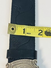 Womens Linea Pelle Black Leather Belt with Floral Buckle Large