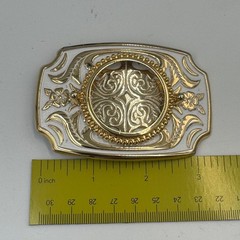 Vintage Western Gold Tone White Enamel Filigree Floral Belt Buckle Made in USA