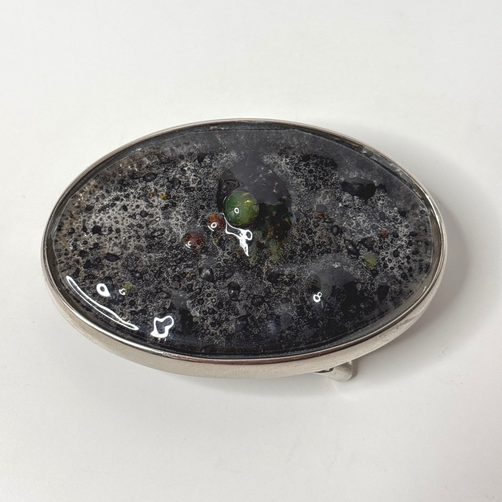 Oval Belt Buckle Resin Black Gray Green Stone Accents Mens Silver Tone Art Boho