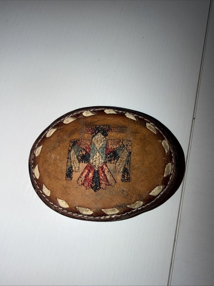 1970s vintage NATIVE AMERICAN belt buckle TOOLED leather THUNDERBIRD indian