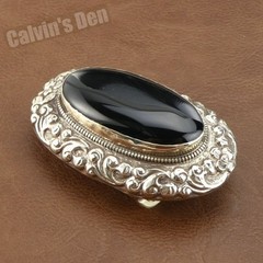 Handmade Large Black Onyx Tibetan Silver Floral Scroll Belt Buckle Western Boho