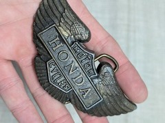 vintage 1970s belt buckle HONDA eaglewings MOTORCYCLE western BRASS patina