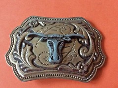 Texas Longhorn SouthWest etched vintage Belt Buckle America cattle skull patina