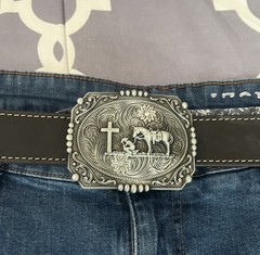 Western Floral Belt Buckle Praying Cowboy Kneeling at Cross Antique Silver Tone