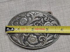 vintage ENGRAVED belt buckle WESTERN metal FLORAL cowboy rodeo