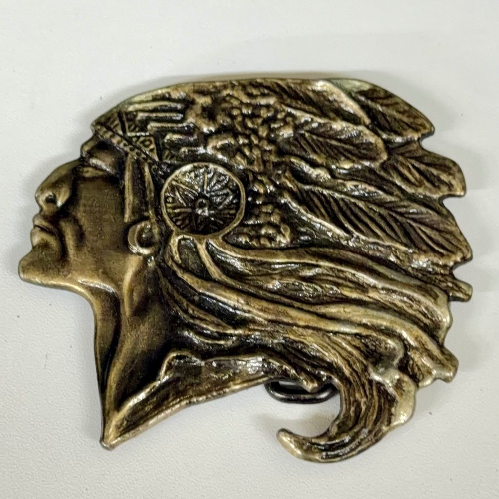 Vintage Native American Chief Headdress Belt Buckle Brass Tone Western Boho