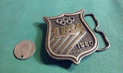 Vintage USA 1980 Olympics Shield Logo Brass Belt Buckle Bergamot made in USA