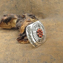 *Navajo Coral Hand Stamped Sterling Silver Overlay Belt Buckle