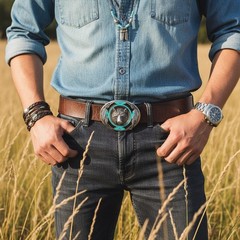 Men Western Belt Buckle Silver Metal Bear Hunter Oval Shape Feather Black Blue