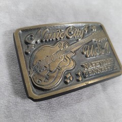 VTG Nashville Belt Buckle Music City Tennessee Guitar Brass Tone Souvenir U.S.A.