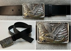 Patriotic Buckle & Black Bonded Leather Belt Sz 44 God Bless America Eagle Flag