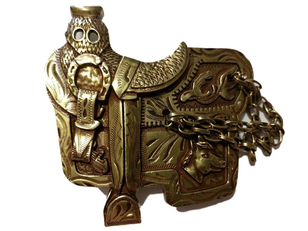 ✖ WESTERN Steer Saddle Cowboy Rodeo Style ✖ Belt Buckle Buck ✖ Gold / bronze USA